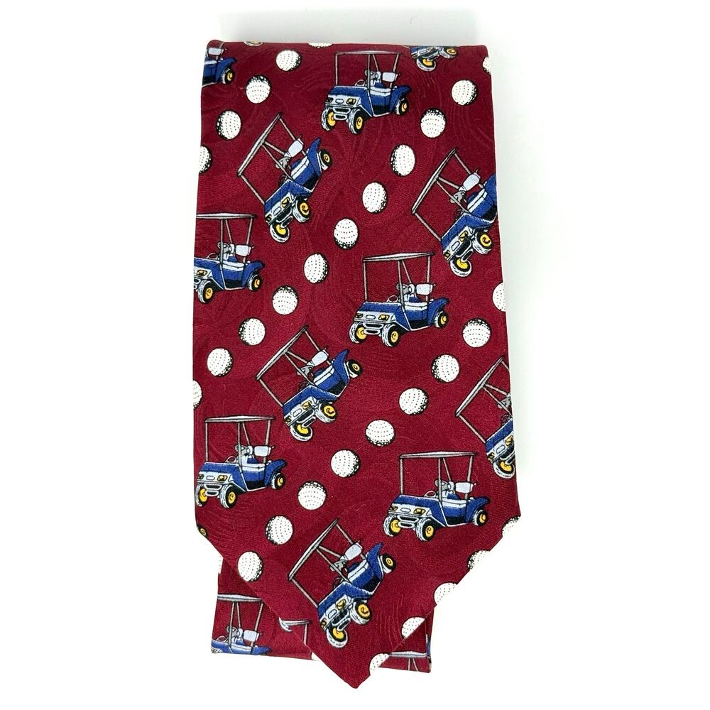 Vintage 90s Golf Red Tie Silk Golf Cart Golf Ball Print Made in USA Barry Wells